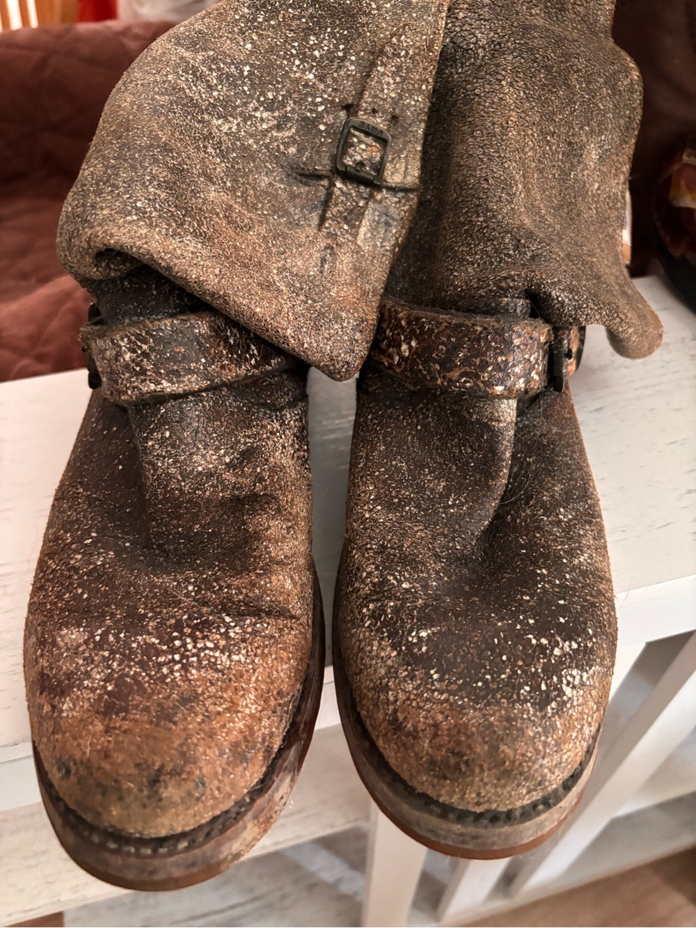 Frye Metallic Tan Leather Ankle Boots  these are distressed boots 10 Engineer?